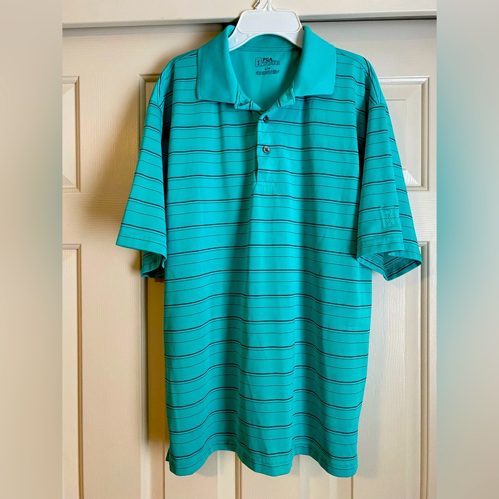 Men’s PGA Tour polo shirt, large, Teal with black/white stripes